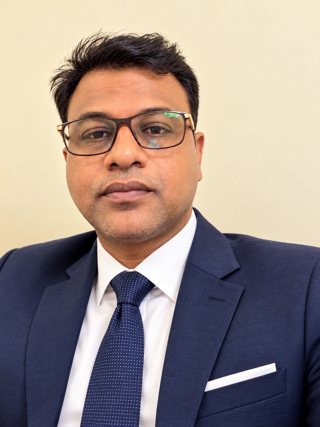Mahaboob Syed in a navy suit and tie